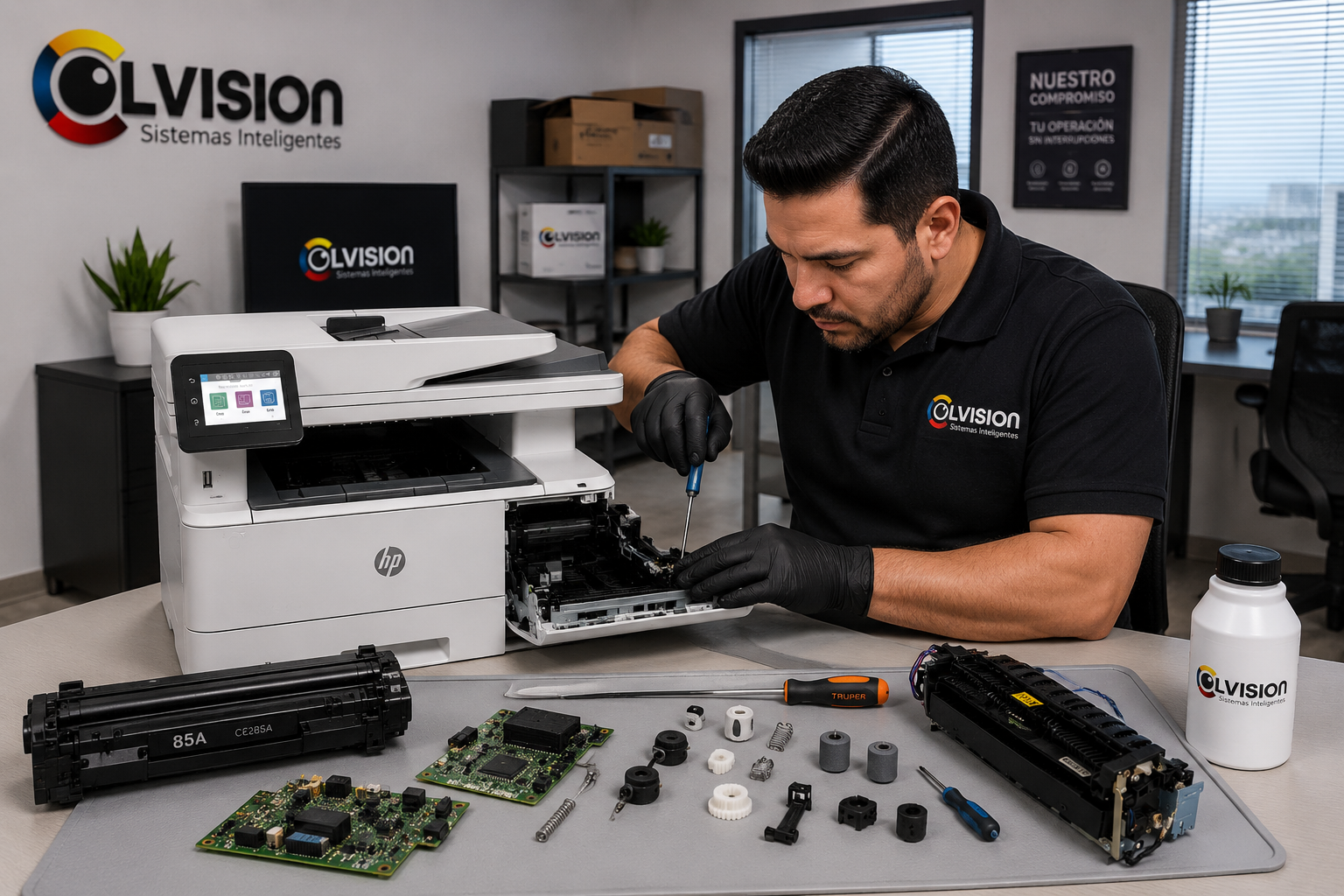 Técnico de Colvision reparando impresora HP con repuestos y suministros de impresión
